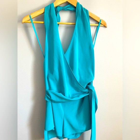 🇫🇷 Vintage Lolita Lempicka Turquoise Wrap-Around Backless Short Romper, Size 8 - Picture 2 of 16